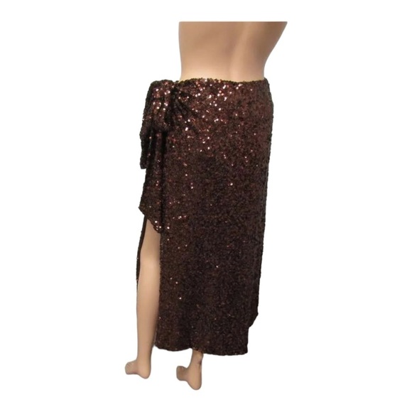 NWT ATOIR Teary Chocolate Brown Sequin Midi Wrap Skirt Small High Slit - Picture 10 of 16